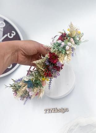 Віночок із сухоцвітів та штучних квітів у стилі бохо, багатоколірний аксесуар