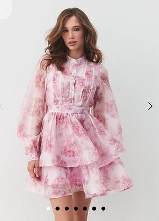 Вечернее платье с органзы розовое с пышной юбкой и рукавами