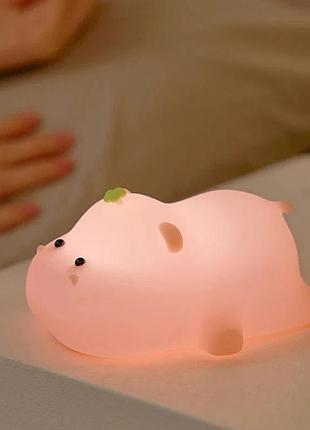 Ночник детский силиконовый светильник розовый бегемотик а-002