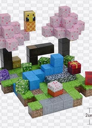 Магнитный конструктор minecraft вечеринка под сакурой 128шт + 4 фигурки майнкрафт детский конструктор
