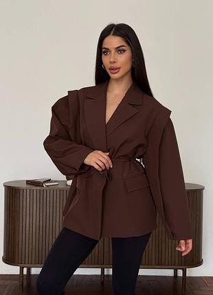 Пиджак стильный жакет удлиненный шоколад