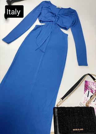 Платье женское долгое синее в рубчик с вырезами на талии от бренда italy xs s
