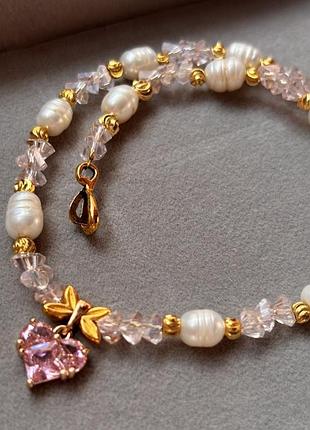 Романтичное колье с жемчужинами и хрусталем | настоящие пресноводные жемчуги | розовое колье с сердечками | подарок ручной работы для нее