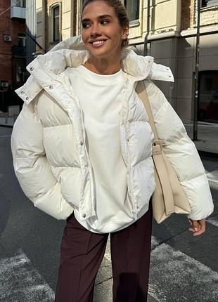 Накладний платіж ❤ зимовий матовий молочний пуффер пуфер оверсайз з капішоном куртка дута дутік стьобана вкорочена утеплена біопухом