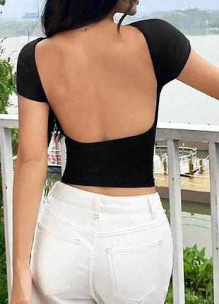 Топ з відкритою спиною чорний майка футболка кроптоп кроп топ шейн shein без спини спинки короткий