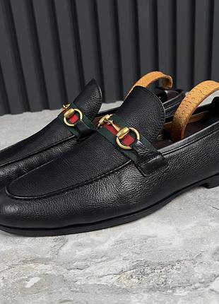 Gucci jordaan horsebit web loafers grain black leather чоловічі туфлі лофери оригінал шкіра 43 eur