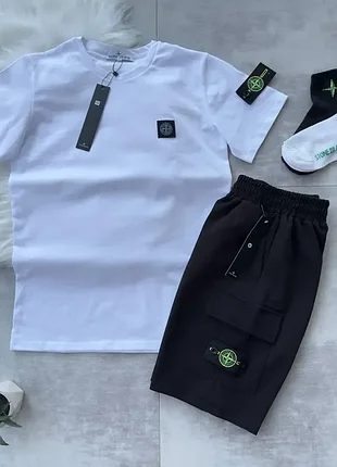 Мужской летний костюм stone island футболка шорты белый