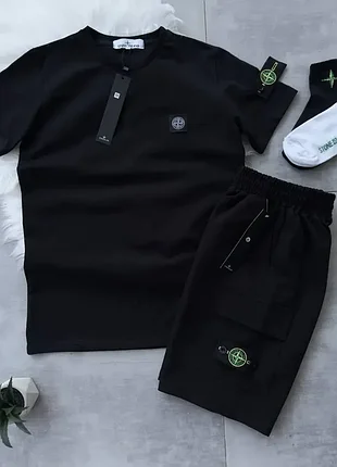 Чоловічий літній костюм stone island футболка шорти чорний із патчем