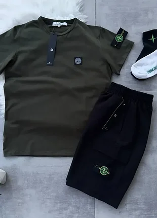 Чоловічий літній костюм stone island футболка шорти хакі із патчем