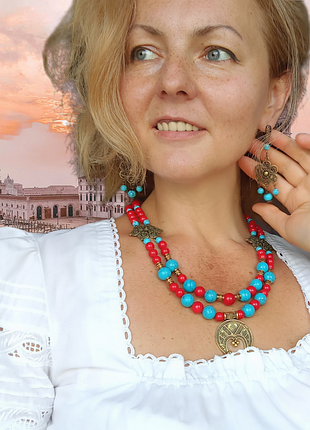 Етно комплект з бірюзи та коралу
