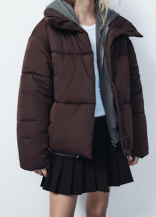 Куртка zara, дута коричнева куртка zara, водо- та вітронепроникна коротка стьобана куртка zara