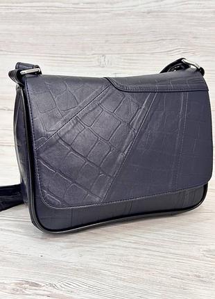 Женская сумка темно-синяя натуральная тисненая кожа 106039