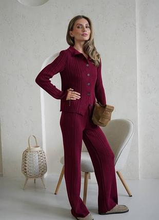 ❗️ 6 кольорів ❗️ стильний жіночий костюм акрил вовна вʼязаний кардиган на ґудзиках та штани бордовий молочний бежевий чорний графіт коричневий