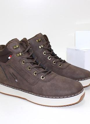 Коричневые мужские ботинки на осень с молнией на флисе