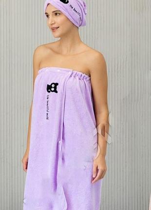 Полотенце халат женский микрофибра + шапочка банный сауна набор подарочный 140*80 см