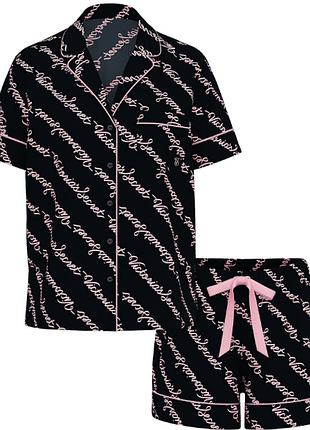 Victorias secret пижама рубашка и шорты flannel shorts pajama set plaid  black pink logo