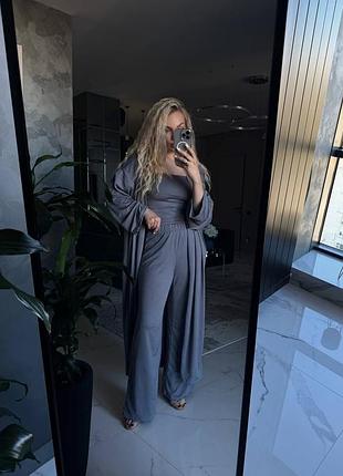 Жіночий повсякденний костюм трійка штани топ та кардиган тканина мікромасло