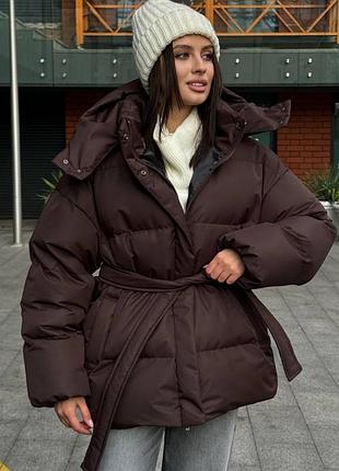 Накладной платеж ❤ зимний шоколадный пуффер пуфер оверсайз с капишоном куртка дутая дутка стеганая утепленная биопухом удлиненная под пояс