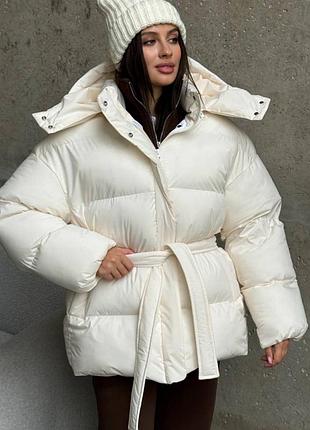 Накладний платіж ❤ зимовий молочний пуффер пуфер оверсайз з капішоном куртка дута дутік стьобана утеплена біопухом подовжена під пояс