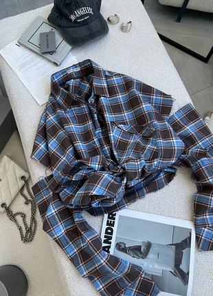 Женская рубашка в клетку с разрезами на рукавах оверсайз фланель в клетку 42-48