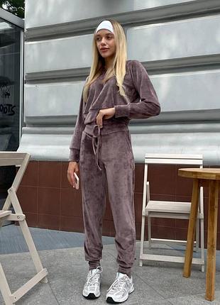 Распродажа 🏷 плюшевый велюровый прогулочный костюм укороченный худи и штаны треники на высокой талии с карманами