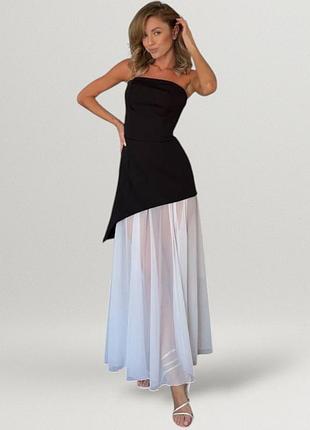 Платье женское с открытыми плечами и юбкой - сеткой макси комплект вечерний стильный романтичный черная
