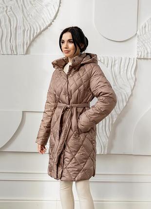 Легкое теплое осеннее пальто с капюшоном и поясом, женское стеганое пальто на осень на биопухе, пальто демисезон какао, orlando