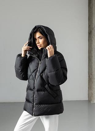 Теплая зимняя куртка с капюшоном на биопуху, женская дутая куртка на зиму черная, куртка зима с карманами, verona