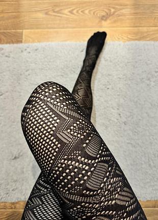 Колготки ажурні з геометричним візерунком фантазійні чорні