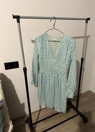 Шифоновая сукня у горошок з рукавами та декольте розмір м мʼятна