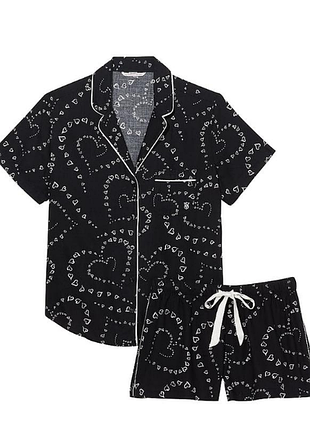 Victorias secret пижама шорты и рубашка flannel short pajama set black swirl hearts