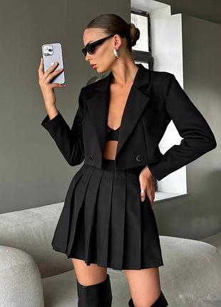 Костюм жакет + плиссированная юбка костюмка графит/черный/беж р.42-44,46-48 элегантный стиль мод.426