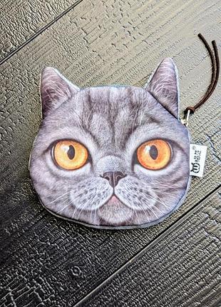 Мягкий серый кошелек кот для денег британская короткошёрстная кошка монетница британский котик глаза бумажник на змейке