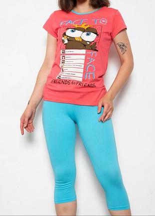Костюм жіночий рожево-блакитного кольору футболка + штани s-m