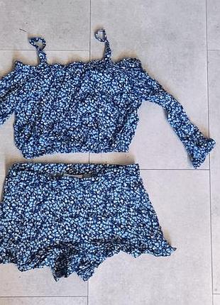 Комплект для девочки набор стильный открытые плечи шорты и блуза для девочки цветочный принт