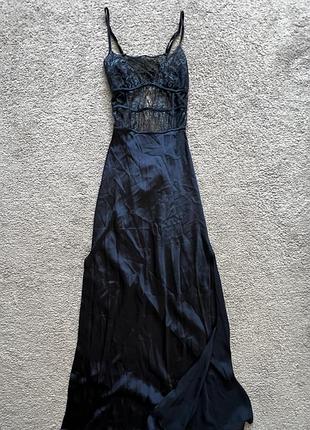 Неймовірна нічна сорочка  кольору морської глибини з мереживом в пол