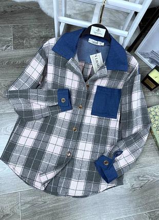 Картата сорочка з джинсовими вставками сіра