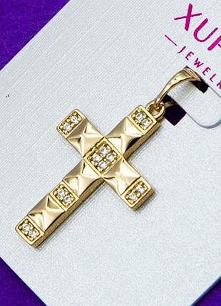 Крестик xuping №415 оригинального дизайна с мелкими белыми цирконами медичне золото
