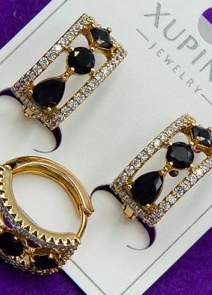 Серьги xuping №2543 дорожка с черными цирконами оригинальные медичне золото одесса
