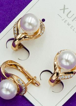 Сережки xuping №2456 білі перлини на пелюстках медзолото позолотка