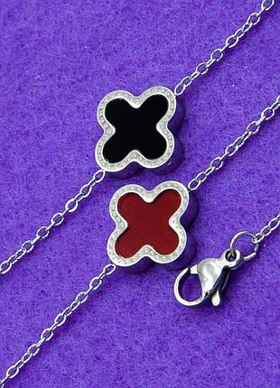 Браслет сталь №90 клевер на белом металле черно-красный медзолото недорого от производителя