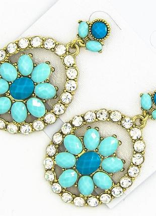 Серьги № 505 голубые ромашки с белыми стразами.