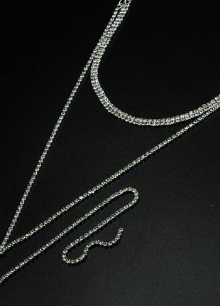 Колье №2 из двух рядов белых страз с удлиненной висюлькой из двух рядов свадебные украшения недорого