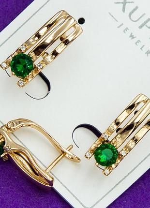 Сережки xuping №2409 з зеленим цирконом кюпінг ювелірна біжутерія дешево медичне золото
