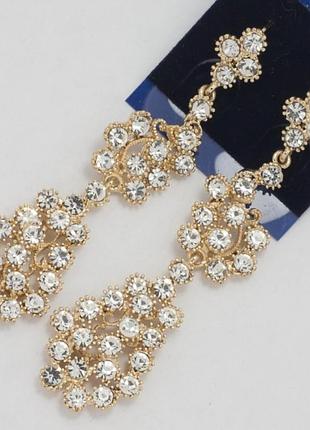 Сережки no221 золоті грона з білими стразами