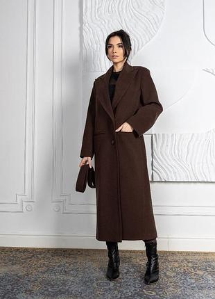 Теплое длинное пальто полушерсть с прядкой шоколад, женское осеннее двубортное пальто с карманами, пальто неаполь