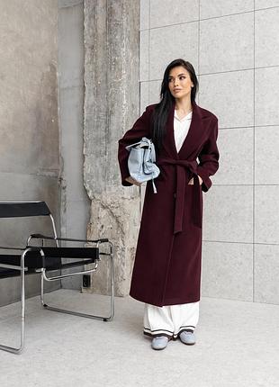 Теплое длинное пальто полушерсть с прядкой бургунди, женское осеннее двубортное пальто с карманами, пальто неаполь