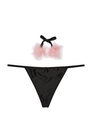 Трусики стрінги з помпонами victoria's secret satin pom pom v-string panty dream angels black