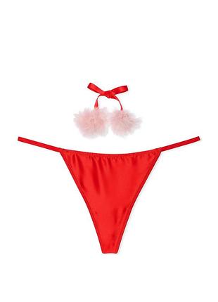 Трусики стрінги з помпонами victoria's secret satin pom pom v-string panty dream angels bright vermillion
