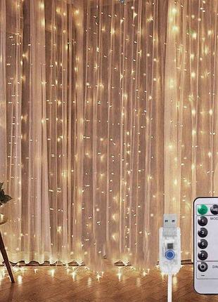 Гірлянда штора роса 3 м*3 м 300 led, usb,8 режимів, колір білий жовтий